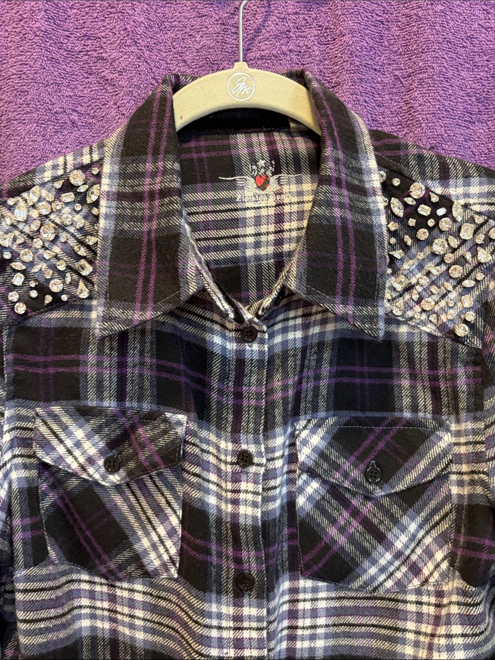 NWOT Crystal Embellishment Plaid Button-Down Shirt - Black & Purple - Picture 3 of 7